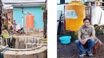 Permanent installation of rainwater (left) made by Zulkifli (right) at the Ternate Utara City, North Maluku, June 28.
Ternate Rainwater Storage Team Doc. 
