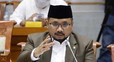 Menteri Agama Yaqut Cholil Qoumas  saat mengikuti rapat kerja dengan Komisi VIII DPR RI di Kompleks Parlemen Senayan, Jakarta, 18 Januari 2021/TEMPO/M Taufan Rengganis