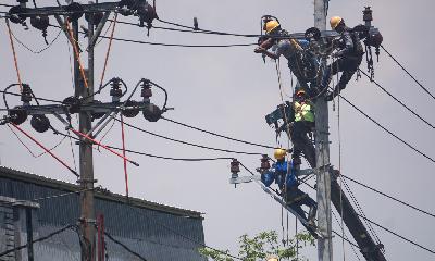Petugas melakukan perawatan jaringan kabel PLN di Pekalongan, Jawa Tengah, 28 September 2022. ANTARA/Harviyan Perdana Putra