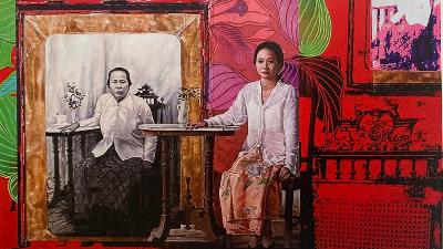 Lukisan FX Harsono berjudul “Jejak Nenek Moyang” yang dipamerkan di Can’s Gallery, Jakarta. Agus Dermawan T