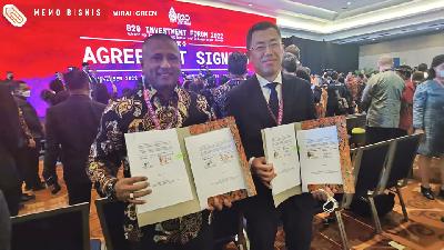 Penandatanganan kerja sama antara Norico International dan Mirah Green di sela acara Indonesia Net Zero Summit, Forum Investasi B20 yang menjadi rangkaian acara G20 Summit 2022. 