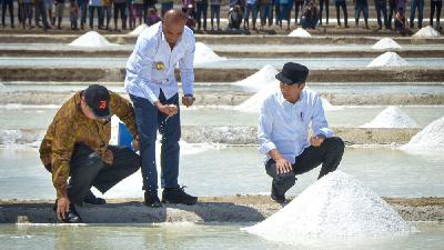 Airlangga Hartarto (kiri) saat masih menjabat sebagai menteri perindustrian bersama Presiden Joko Widodo (kanan), dan Gubernur NTT Viktor Laiskodat meninjau tambak garam, di Desa Nunkurus, Kec. Kupang Timur, NTT, 21 Agustus 2019/Sekretariat Kabinet