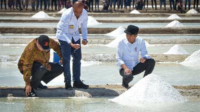 (L-R) Airlangga Hartarto when he was still the Minister of Industry, NTT Governor Viktor Laiskodat, and President Joko Widodo during a visit to a salt farm in Nunkurus village, East Kupang, East Nusa Tenggara (NTT), on August 21, 2019.
Cabinet Secretariat/File Photo
