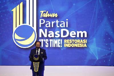 Ketua Umum Partai NasDem Surya Paloh saat menyampaikan pidato dalam Puncak Perayaan HUT ke-11 NasDem di Jakarta Convention Center (JCC), Jakarta, 11 November 2022. TEMPO/M Taufan Rengganis
