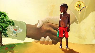 An illustration of “Jeda Kemanusiaan” (Humanitarian Pause) depicting a kid suffering malnutrition due to armed conflicts in Papua. 
TEMPO/Imam Yunni

