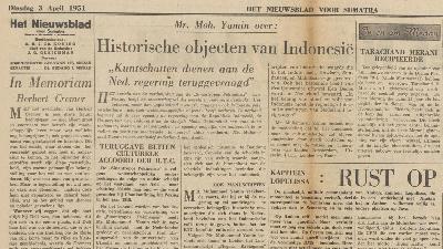 Pernyataan Mohamad Yamin yang dimuat di harian "Het Nieuwsblad voor Sumatra" terbitan Medan edisi 3 April 1951 mengenai pengembalian fosil manusia purba yang dibawa ke Belanda. Delpher.nl