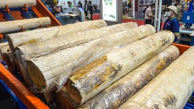 Kayu-kayu gelondongan saat diolah dengan alat pengolahan kayu dalam sebuah pameran di JIExpo Kemayoran, Jakarta, 23 September 2022/Tempo/Tony Hartawan