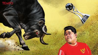 An illustration depicting PSSI Chairman Erick Thohir with the U20 World Cup trophy slipping away as a bull charges at him.
Illustration/TEMPO/Imam Yunni
