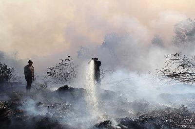 Petugas kepolisian memadamkan api yang membakar lahan di Desa Pelintung Kecamatan Medang Kampai Dumai, Riau, 2 Mei 2023. ANTARA/Aswaddy Hamid