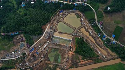 Foto udara proyek pembangunan Intake Sepaku di Kabupaten Penajam Paser Utara, Kalimantan Timur, 22 Februari 2023. ANTARA/Indrianto Eko Suwarso