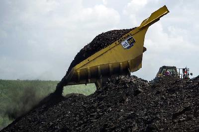 Sebuah alat berat menurunkan muatan batubara di kawasan tambang batubara milik Adaro, Tabalong, Kalimantan Selatan. ANTARA/Sigid Kurniawan