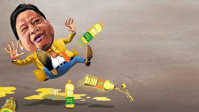 A caricature depicting Coordinating Minister for the Economy and Golkar Party Chairman Airlangga Hartarto as slipping over cooking oil corruption case. 
Illustration by Imam Yunni
