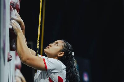 Atlet panjat tebing speed putri Indonesia Desak Made Rita Kusuma Dewi dalam IFSC Climbing World Championships 2023 di Bern, Swiss, Agustus 2023. Dok. IFSC