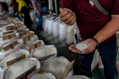 Pembeli memilih kualitas beras di Pasar Induk Beras Cipinang, Jakarta, 1 Sepetmber 2023. TEMPO/ Tony Hartawan
