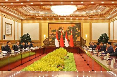 Presiden Joko Widodo melakukan pertemuan bilateral dengan Presiden China Xi Jinping di Great Hall of the People, Beijing, Cina, 17 Oktober 2023. ANTARA/Desca Lidya Natalia