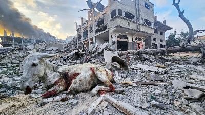 Rumah dan bangunan yang hancur akibat serangan Israel, di Jabalia di Jalur Gaza, 11 Oktober 2023. Reuters/Anas al-Shareef