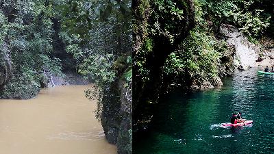 A photo collage depicting the Sagea River at Boki Maruru Cave tourism area in its pristine condition before pollution (right) and its current condition after pollution (left) in Sagea village, Central Halmahera Regency, North Maluku, August 31. 
Antara/Andri Saputra
