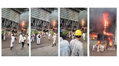 Kolase foto dari tangkapan layar video kebakaran di smelter PT Indonesia Tsingshan Stainless Steel (ITSS) di kawasan industri PT Indonesia Morowali Industrial Park (IMIP), Kabupaten Morowali, Sulawesi Tengah. Foto-foto: Dok. Serikat Pekerja Morowali
