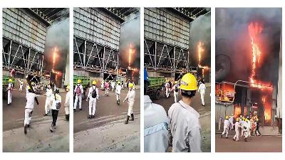 Photo collage from screenshots of a video during the fire at the Indonesia Tsingshan Stainless Steel (ITSS) smelter in the industrial area of Indonesia Morowali Industrial Park (IMIP), Morowali Regency, Central Sulawesi.
Morowali Workers Union Doc.
