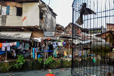 Pemukiman padat pinggiran kali di kawasan Kebon Kacang, Jakarta, 30 Mei 2023. TEMPO/Tony Hartawan
