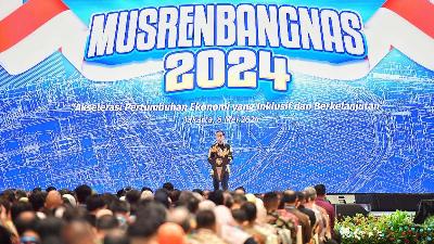Presiden Joko Widodo memberi sambutan pada acara Musyawarah Perencanaan Pembangunan Nasional (Musrenbangnas) 2024, di Jakarta Convention Center, 6 Mei 2024. BPMI Setpres/Vico