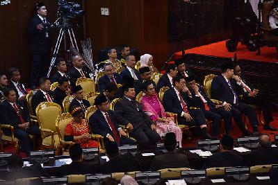 Sejumlah Menteri Kabinet saat menghadiri Sidang Tahunan MPR RI dan Sidang Bersama DPR RI - DPD RI di Gedung Nusantara, Kompleks Parlemen, Senayan, Jakarta, 16 Agustus 2023. TEMPO/M Taufan Rengganis