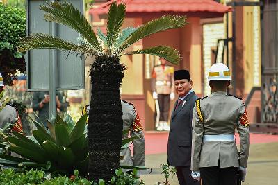 Menteri Pertahanan sekaligus Presiden Terpilih Prabowo Subianto di Mabes Polri, Jakarta, 20 Juni 2024.  TEMPO/M Taufan Rengganis