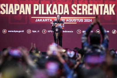 Presiden Joko Widodo pada Konsolidasi Nasional Kesiapan Pilkada Serentak 2024 di Jakarta, 20 Agustus 2024. ANTARA/Hafidz Mubarak A