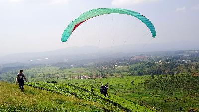 Wisatawan menjajal terbang tandem paralayang, di Bukit Santiong, Subang, Jawa Barat, 27 Juli 2024/Tempo/ANWAR SISWADI