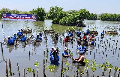 Peserta Aksi Muda Jaga Iklim menanam mangrove di Tangerang Mangrove Center, Tanjung Pasir, Teluknaga, Kabupaten Tangerang, Banten, 26 Oktober 2024. TEMPO/Savero Aristia Wienanto