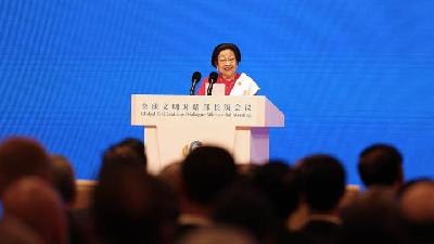 Presiden kelima RI Megawati Soekarnoputri menjadi pembicara dalam Dialog Peradaban Global di Wisma Negara Diaoyutai, Beijing, China, Kamis, 10 Juli 2025. Dalam pidato di hadapan sekitar 600 undangan dari 144 negara tersebut, Megawati menyerukan agar pembangunan dunia berpijak pada penghormatan antarbangsa, bukan hegemoni dan eksploitasi. DOK. ISTIMEWA