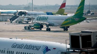 Garuda Indonesia, Citilink, and Pelita Air aircraft at Terminal 3 of Soekarno–Hatta Airport, Tangerang, Banten, September 22, 2023. Doc. Tempo/M Taufan Rengganis