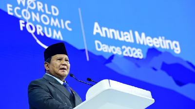 President Prabowo Subianto delivers a keynote speech at the World Economic Forum Annual Meeting 2026 in Davos, Switzerland, January 22, 2026. BPMI Setpres/Muchlis Jr. (kepsen belum edit)