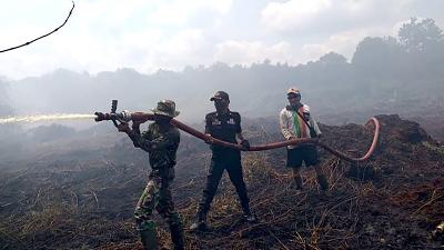 Officers extinguish a fire that engulfed peatland in Bengkalis Regency, Riau, March 3, 2020. mediacenter.riau.go.id