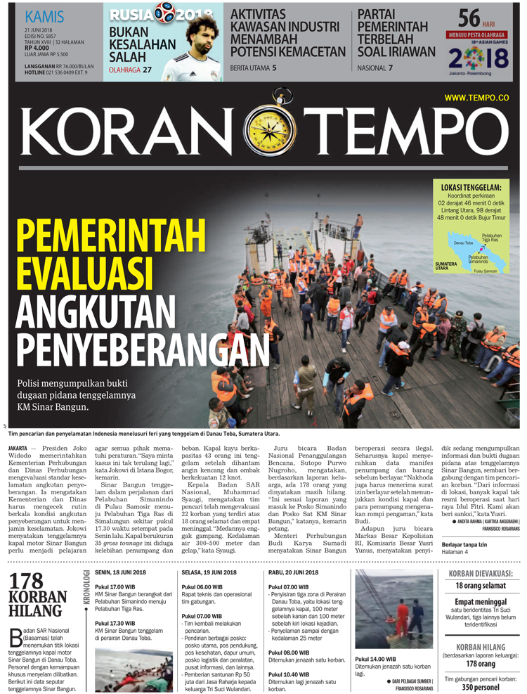 Cover Koran Tempo - Edisi 2018-06-21