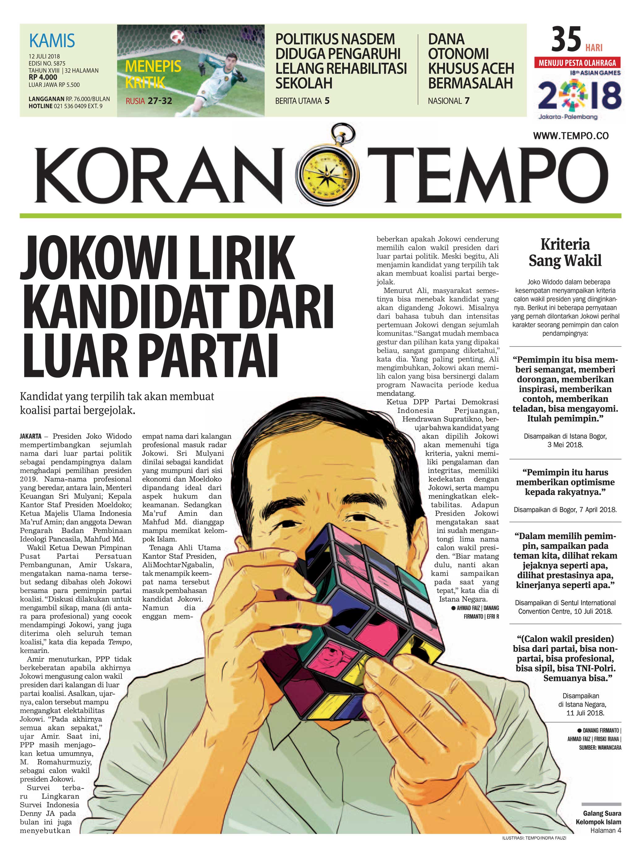 Cover Koran Tempo - Edisi 2018-07-12