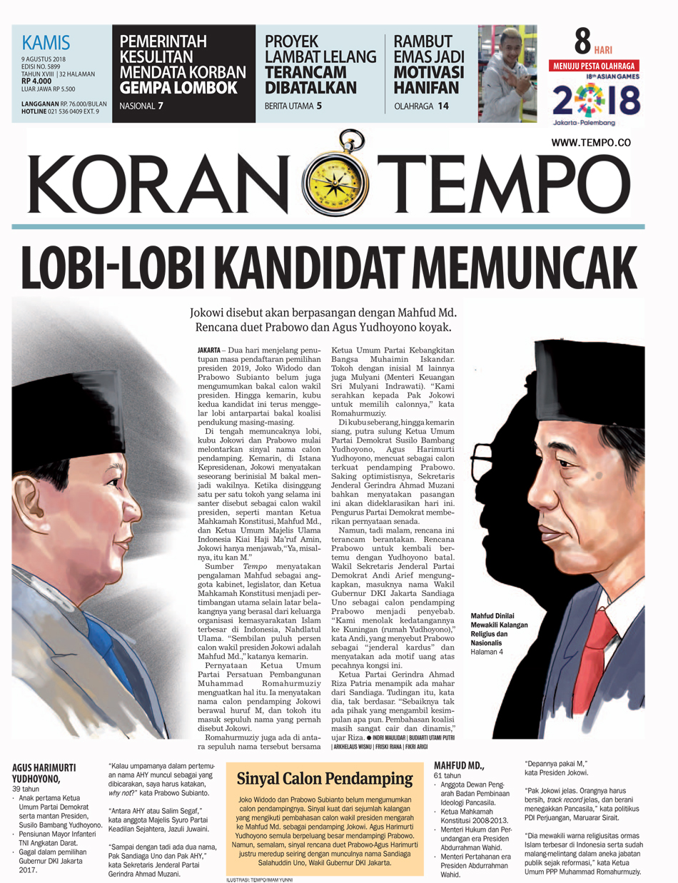 Cover Koran Tempo - Edisi 2018-08-09