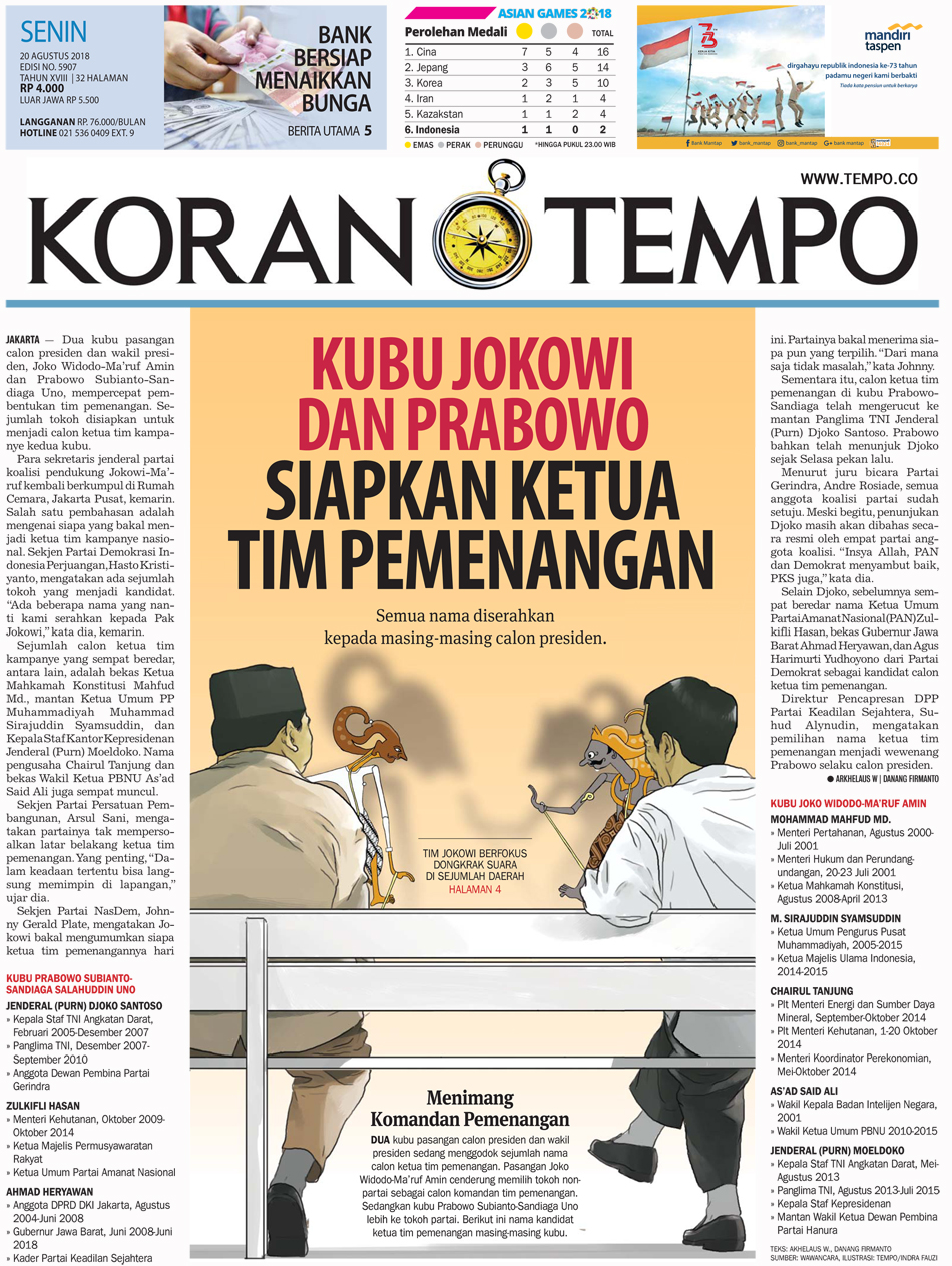 Cover Koran Tempo - Edisi 2018-08-20