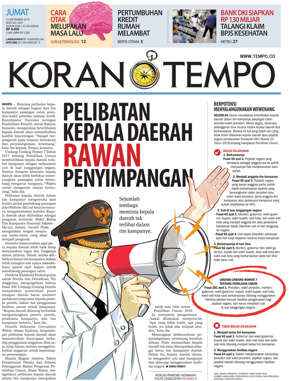 Cover Koran Tempo - Edisi 2018-09-14