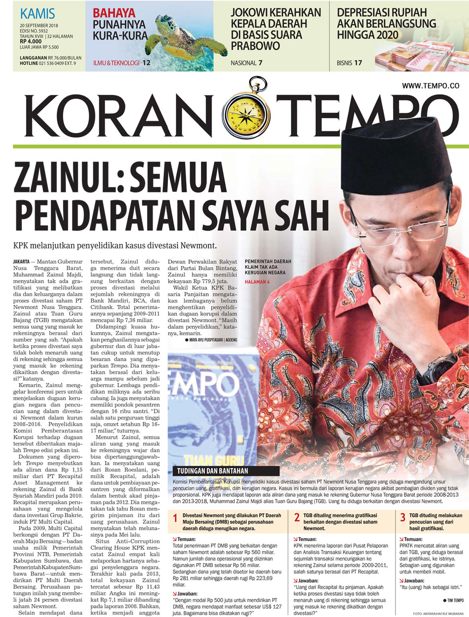 Cover Koran Tempo - Edisi 2018-09-20