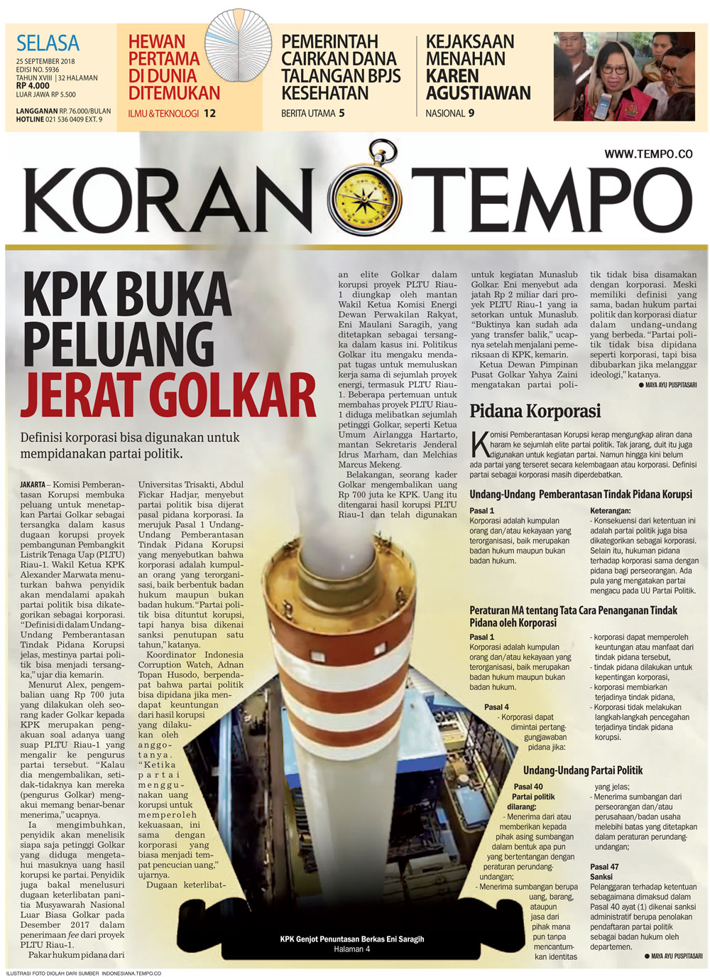 Cover Koran Tempo - Edisi 2018-09-25