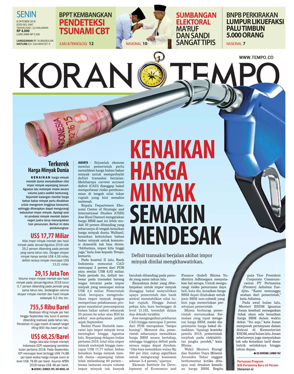 Cover Koran Tempo - Edisi 2018-10-08