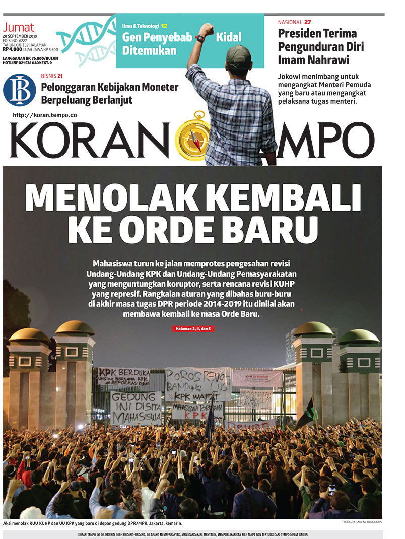 Cover Koran Tempo - Edisi 2019-09-20